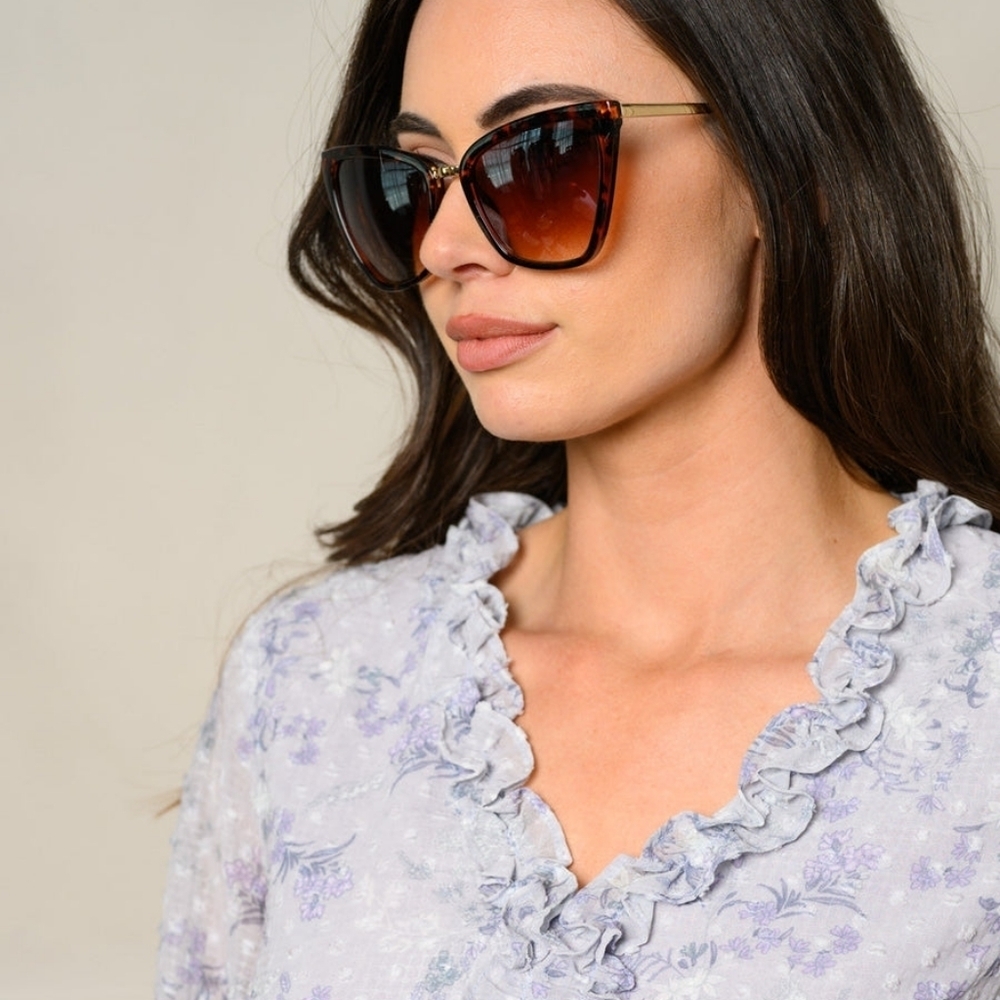 Tortoise Cat Eye Sunglasses Brown Gold Frame Oversized Trendy Fashion UV